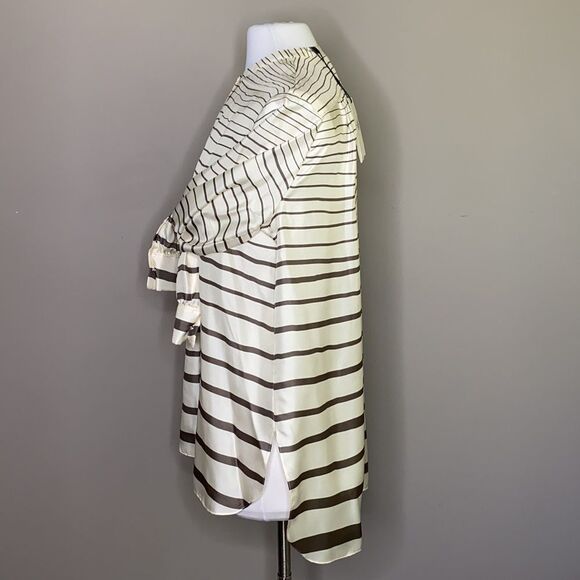 THEORY Popover Ivory/Olive Green Painted Stripe Silk Tunic Blouse Size Small - Picture 6 of 11
